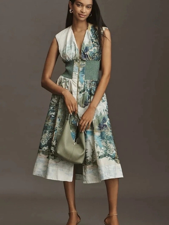 Anthropologie Dresses & Skirts - Anthropologie Tommie Green and Blue Printed Midi Dress with Smocked Waist